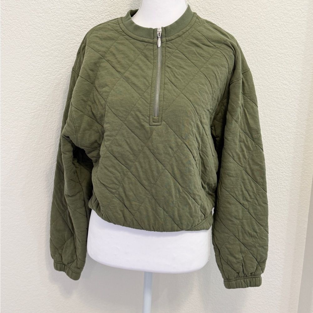 Old Navy Womens XS Quilted Quarter Zip Sweatshirt Olive Green Pullover Bomber